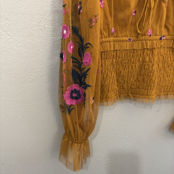 Anthropologie Embroidered Gold Smocked Tulle Blouse Size Medium Boho Peasant - Picture 10 of 15